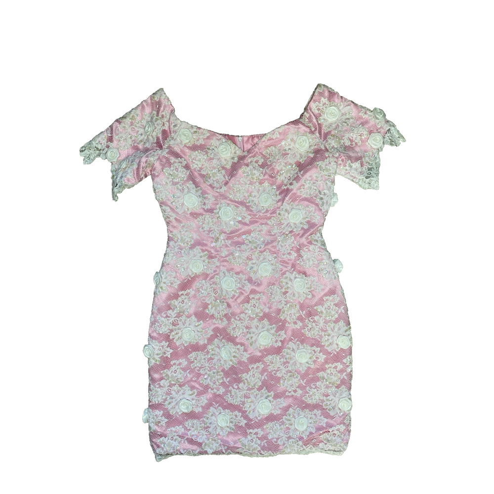 Vintage Pink & White Dress Womens L/XL* Floral Appliques & Sequins Party Dress